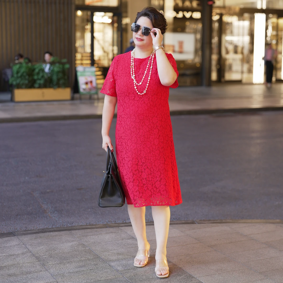 向红同学2025新款水溶蕾丝喜婆婆婚宴装镂空桑蚕丝里衬连衣裙0273