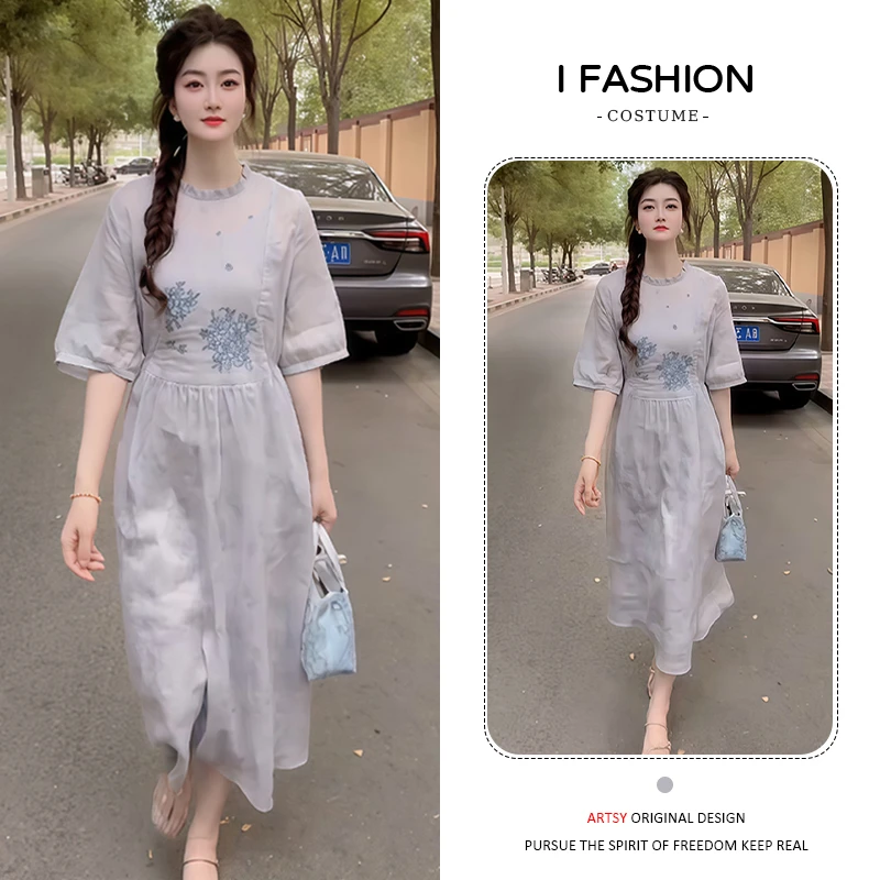 小个子宽松休闲连衣裙2025夏季新款爆款洋气减龄百搭圆领短袖裙子