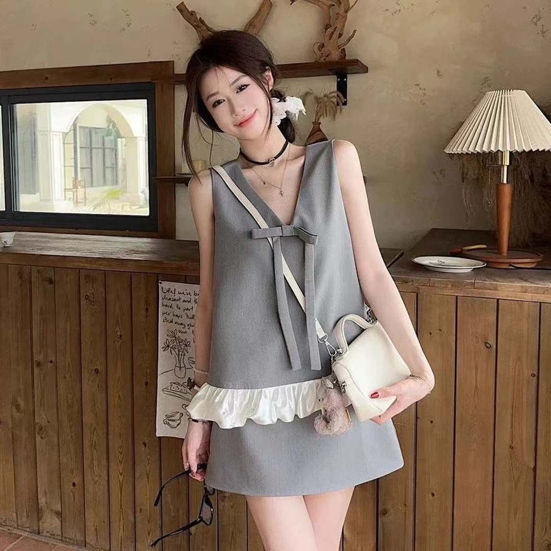 高级感气质套装无袖宽松蝴蝶结背心女装夏季高腰包臀半身裙两件套