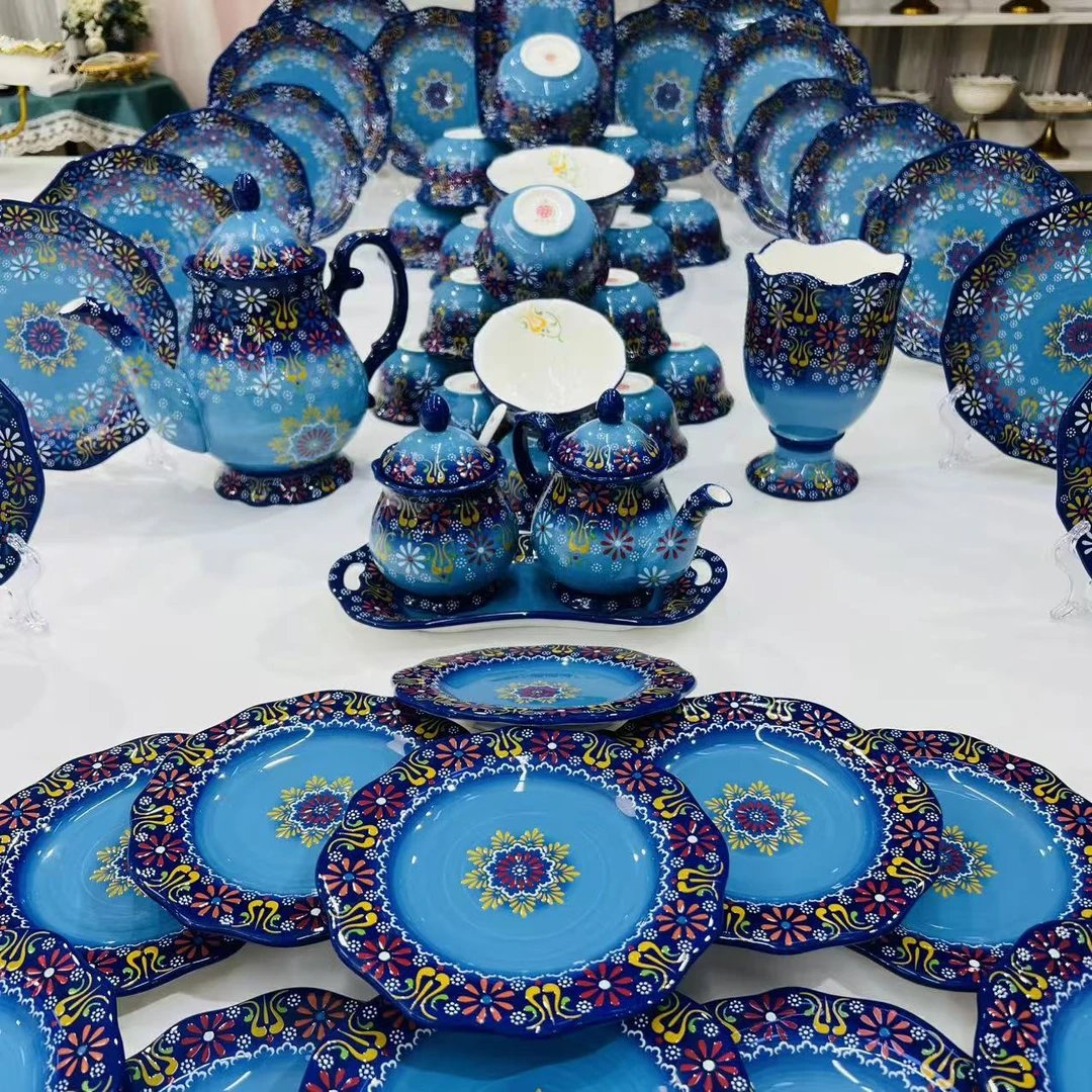 新疆包邮【蓝色石榴花58件套】陶瓷餐具套装好看高档餐具套装