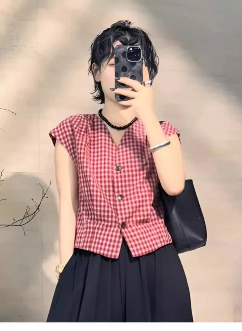 运补6夏季休闲成人通勤拼接格子衬衫上衣外套muji风泰式