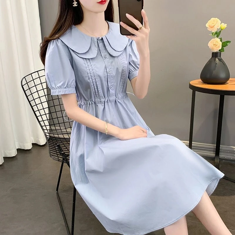 娃娃领夏季少女夏2025新款初中高中学生甜美收腰显瘦休闲长裙子