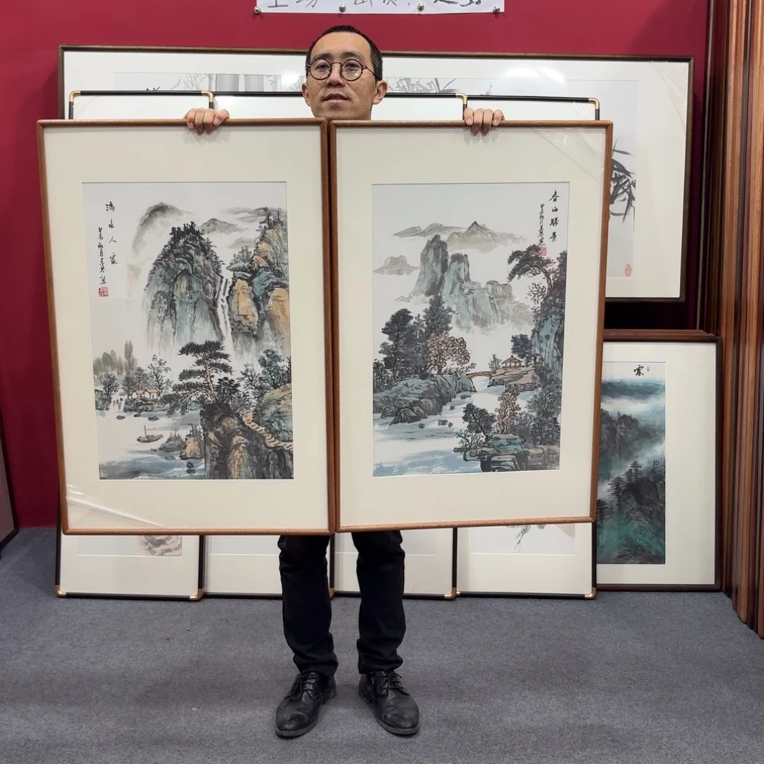 国画带框绘画90/60尺寸一对