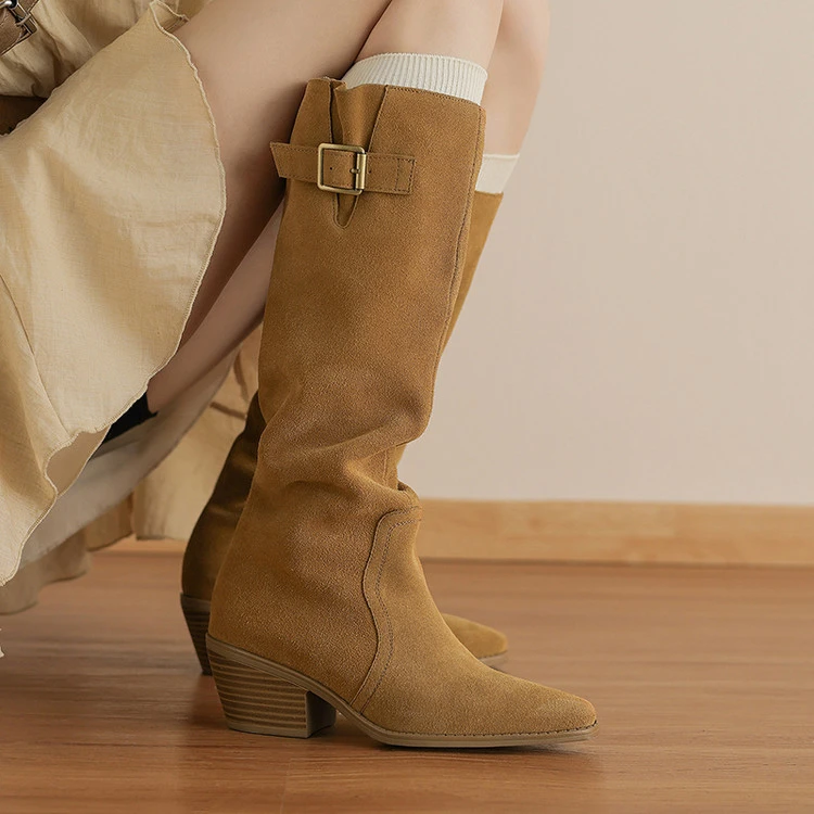 牛皮~5.5cm秋冬新款粗跟真皮长靴女复古高跟骑士靴时尚长筒瘦瘦靴