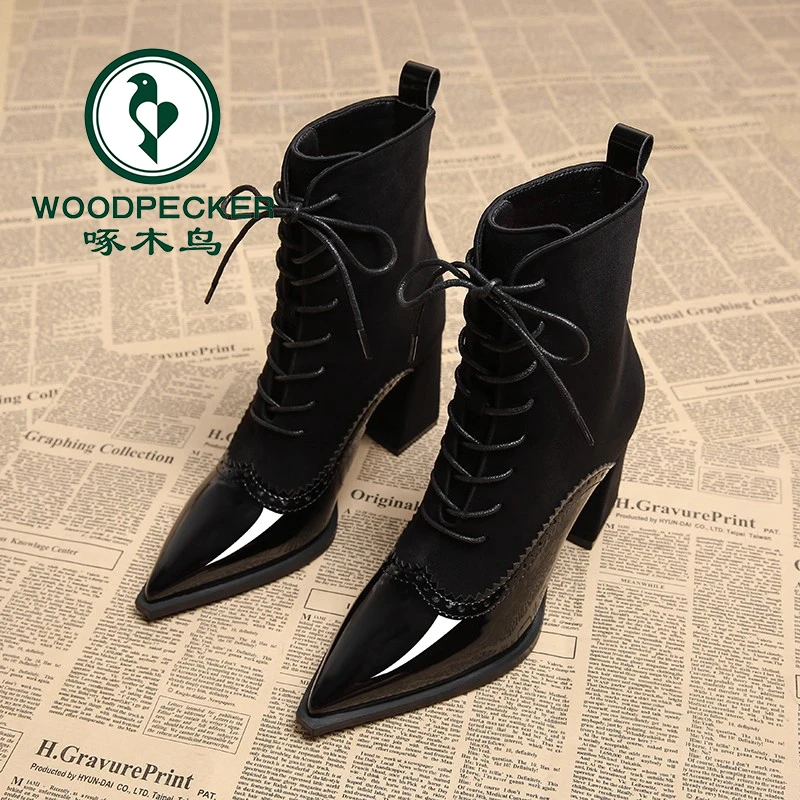 啄木鸟气质秋冬高跟鞋女2025秋季新款法式尖头炸街高级软皮小短靴