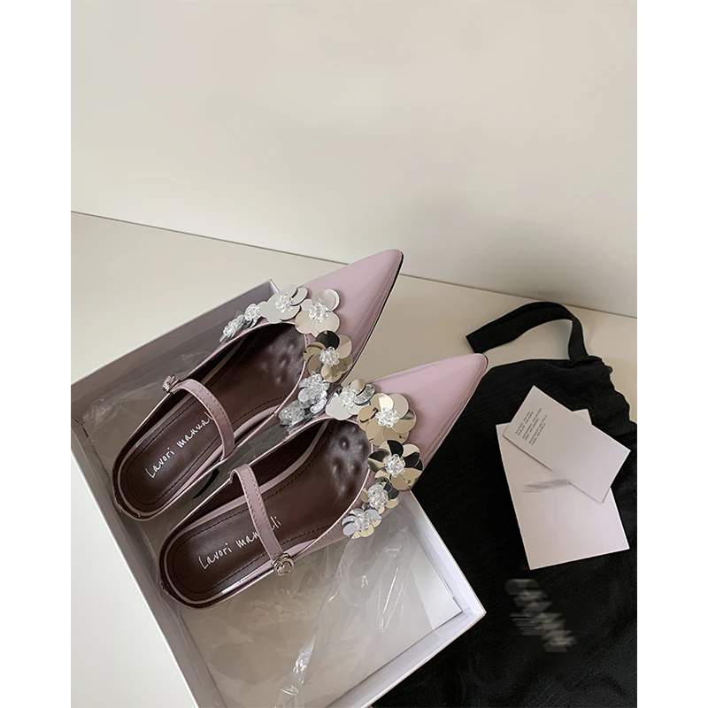 混凝草2025年新款尖头内增高亮片花朵半拖