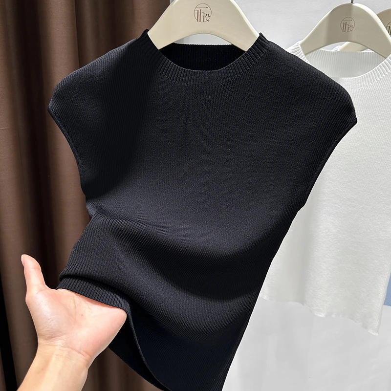 黑色小圆领短袖女t恤薄款冰丝针织插肩袖正肩上衣气质修身打底衫