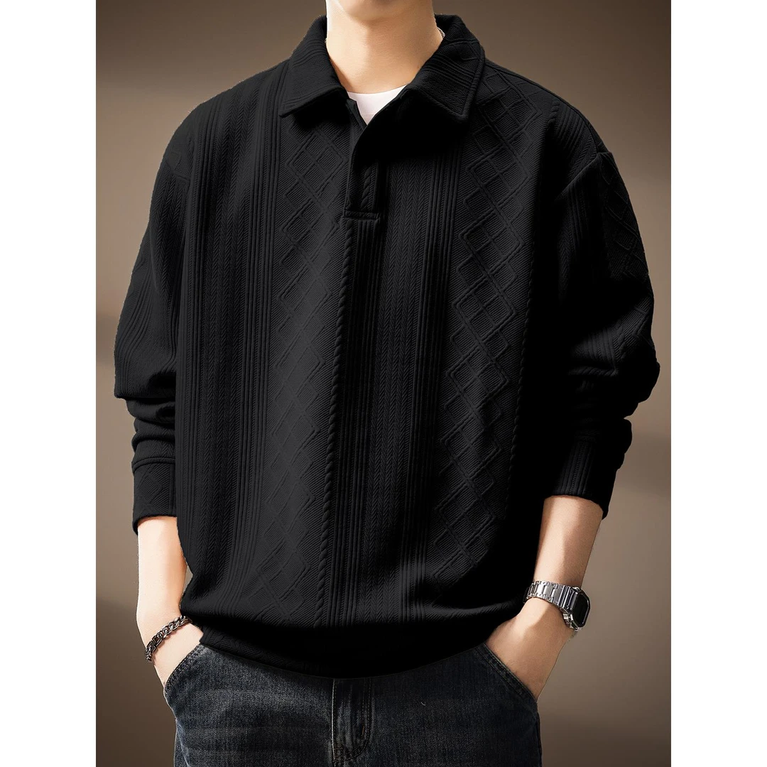 彪博法式菱形格提花长袖Polo衫男秋季肌理感宽松翻领针织衫卫衣男