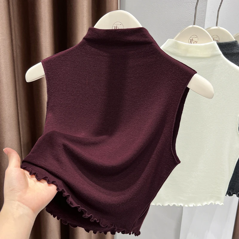 2025秋季内搭爆款无袖叠穿假领背心上衣红色气质半高领针织打底衫
