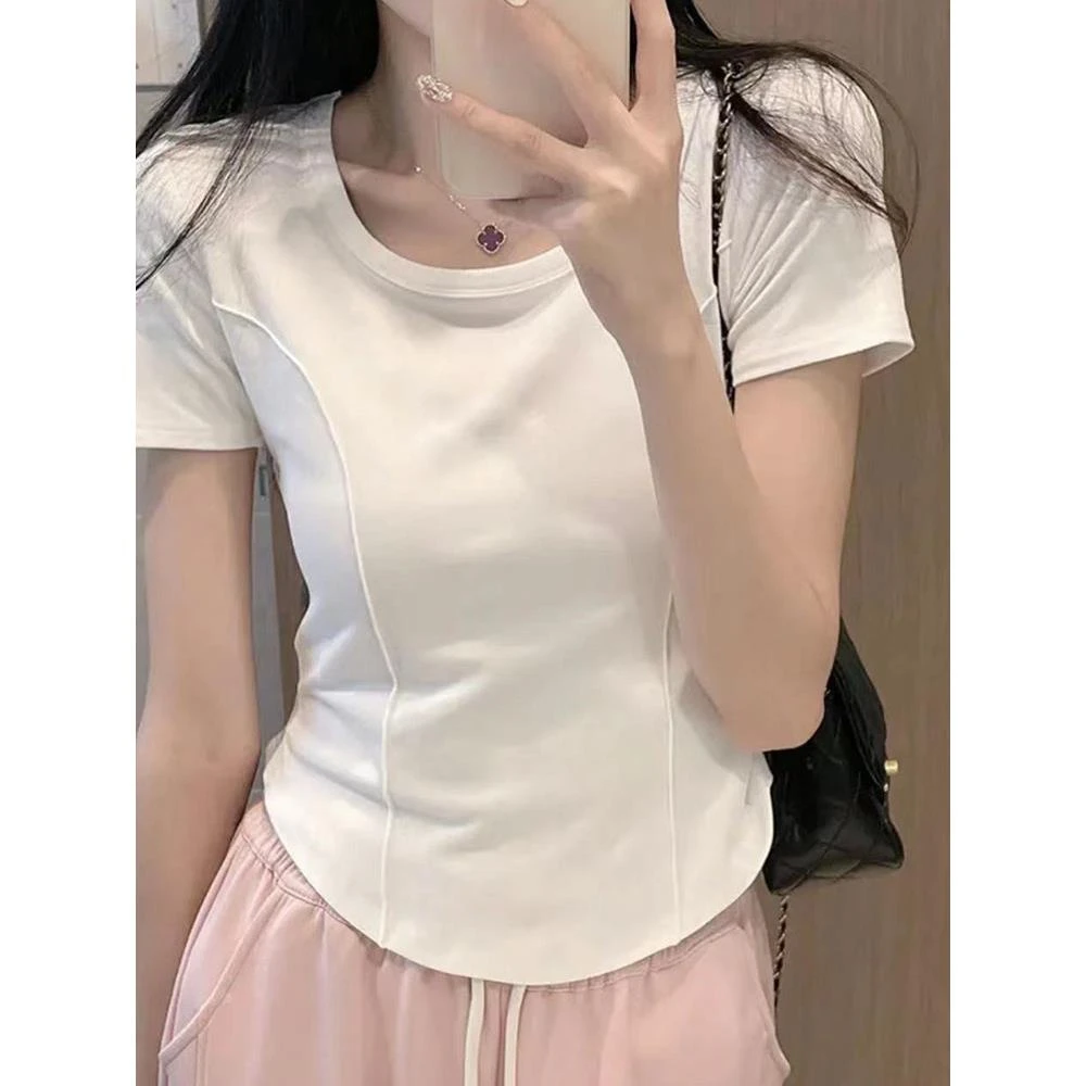 正肩短袖t恤女夏季修身不规则弧形下摆紧身短款显瘦鱼骨纯棉上衣