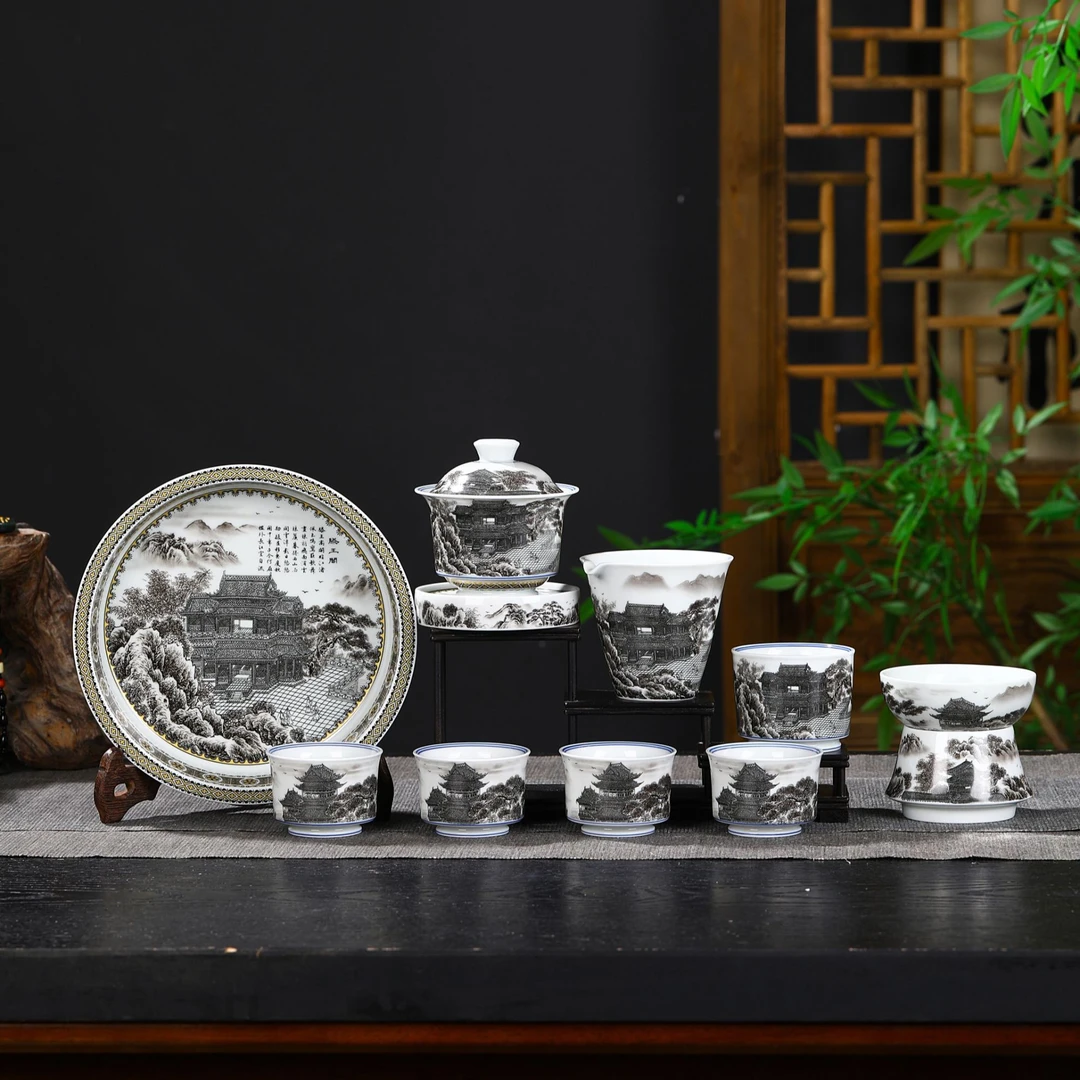 景德镇陶瓷墨彩滕王阁【十件套】套装高温手工重工描金楼阁系列茶具