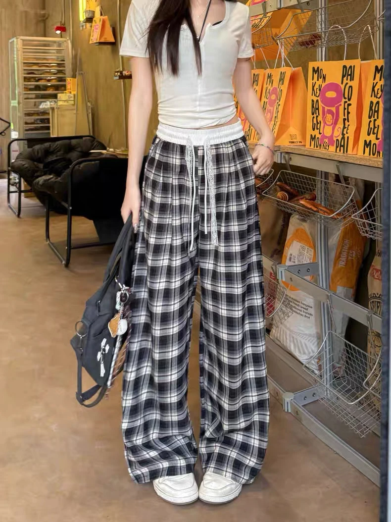 XF时尚休闲裤薄款韩版透气阔腿裤复古夏季慵懒风显瘦格子外穿