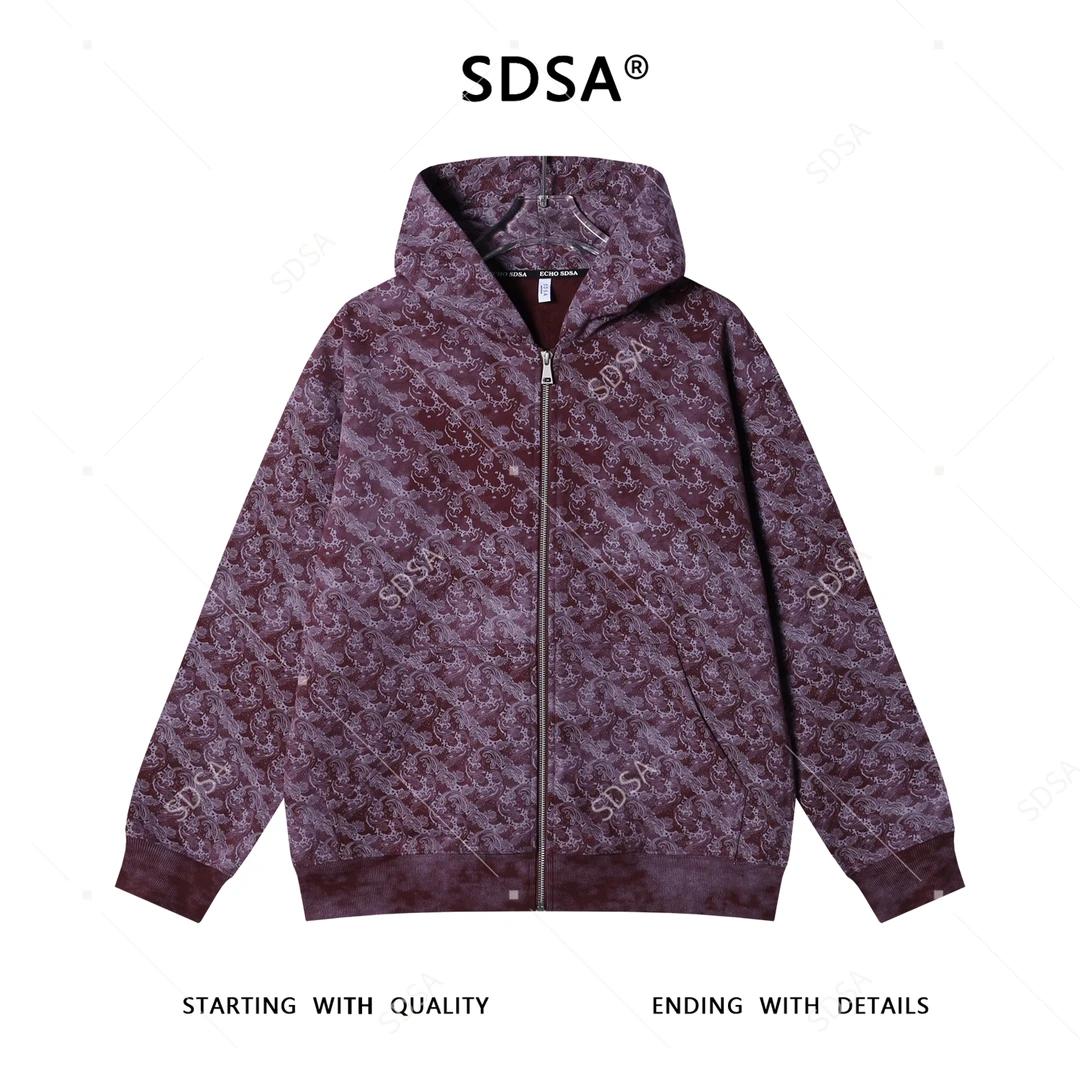 SDSA男士秋冬新款痞帅男装国潮满印花卉拉链连帽卫衣百搭开衫外套