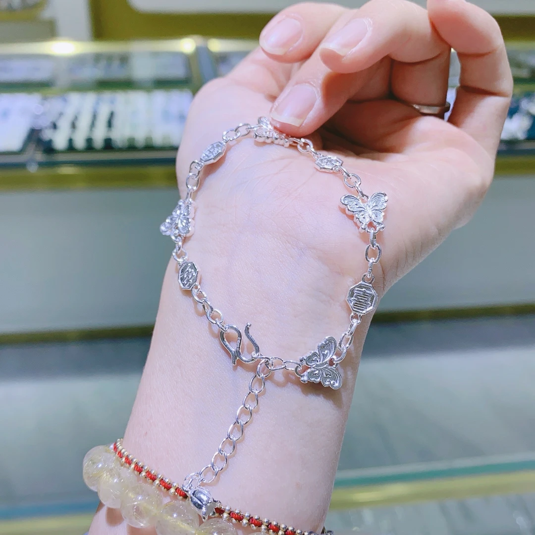 足银手链  足银手链蝴蝶平安喜乐手链女简约百搭手工花丝首饰