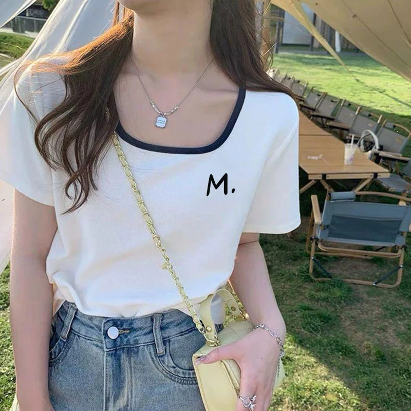 新款法式正肩方领短袖t恤女2025设计感小众撞色锁骨显瘦上衣夏季