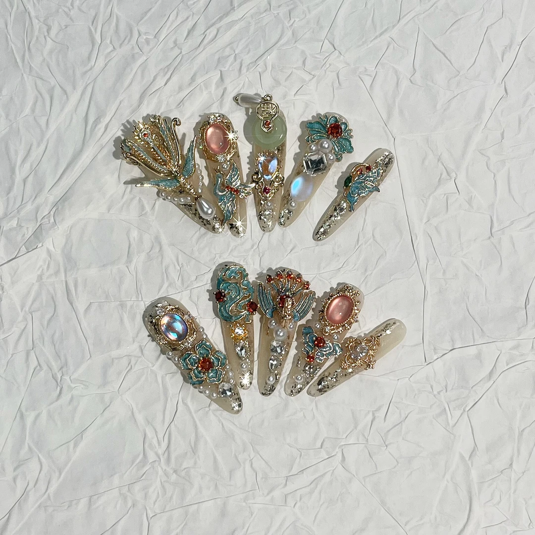 （4号）猫眼渐变锆石女神流苏纯手工穿戴甲