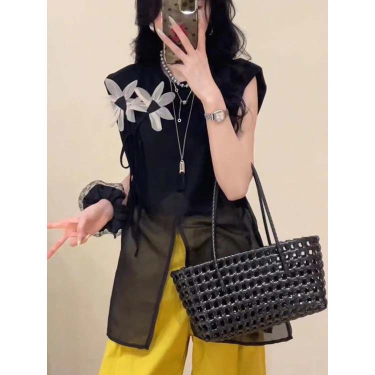 欧货薄款花朵网纱拼接无袖衬衫女宽松显瘦中长款时尚气质休闲上衣
