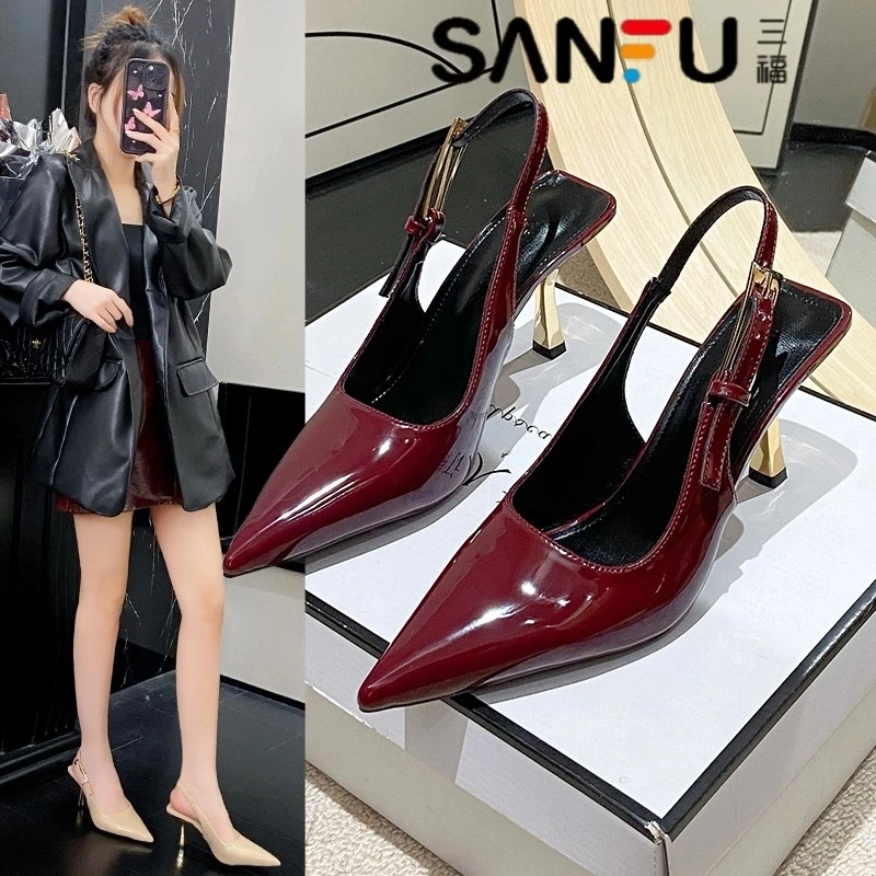 三福法式漆皮包头凉鞋女2025夏季新款百搭细跟一字扣带气质高跟鞋