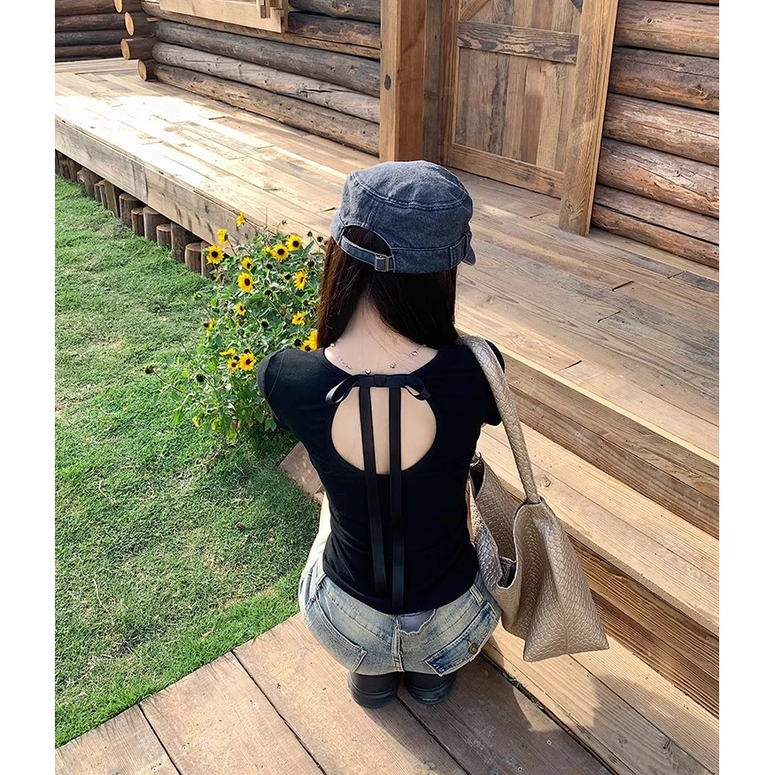 方领性感背后系带T恤夏季辣妹风修身短袖上衣短款露背打底衫女