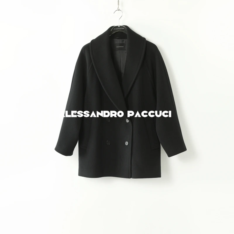 AP洛哥51001DY【名爵】黑标/绵羊毛青果领双排扣黑色气质百搭大衣秋