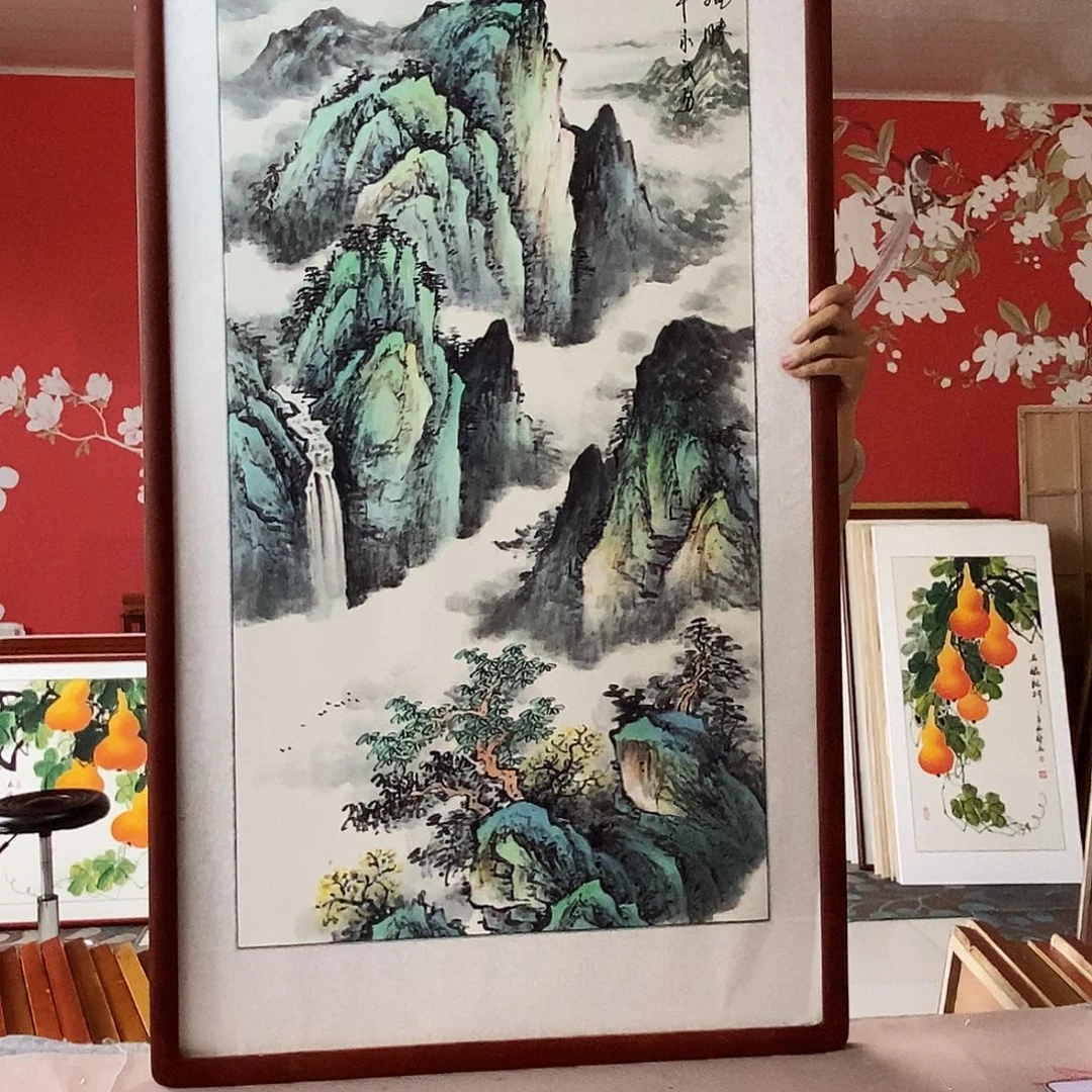 国画手写手绘国画作品带框包邮62✖️122