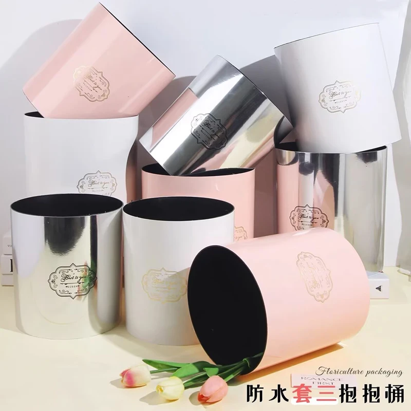 新款防水抱抱桶大号套三无盖鲜花花束空盒镜面圆形手提花束礼盒
