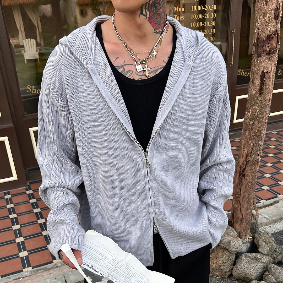 OXFREAK「解构拼接 AB面」老钱风开衫毛衣男连帽韩系高级感针织衫