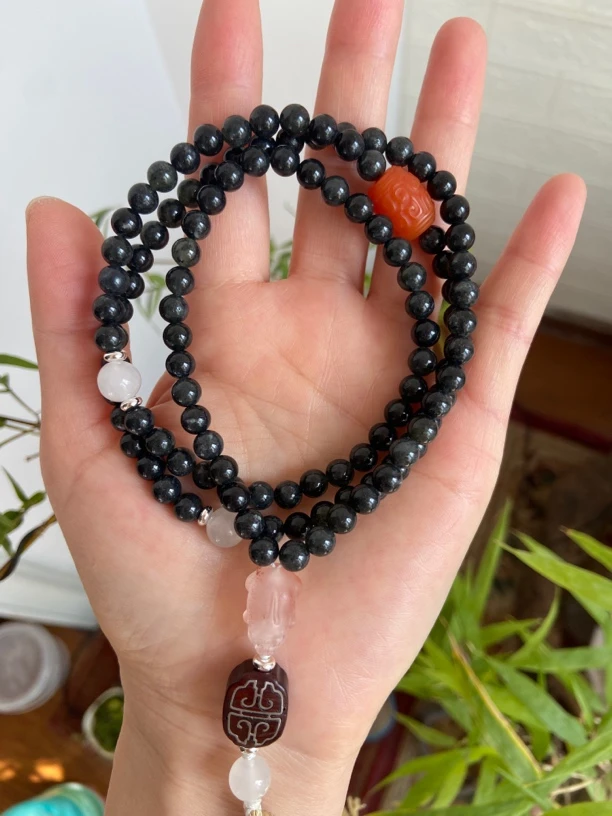 和田玉青花渐变多层手串108颗6mm项链多圈手持串精美素款