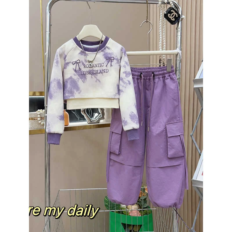 女童套装春秋装2025新款中大童洋气网红卫衣休闲工装裤三件套春季