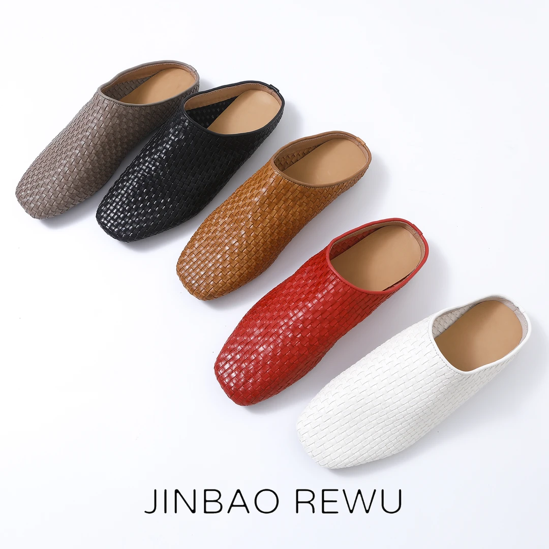 JINBAOREWU复古马皮半拖鞋女外穿手工编织拖鞋50-1