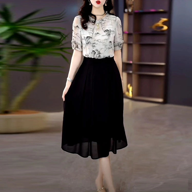 轻羽丝水墨画时尚气质连衣裙2025夏季新款修身显瘦中年妈妈装裙子