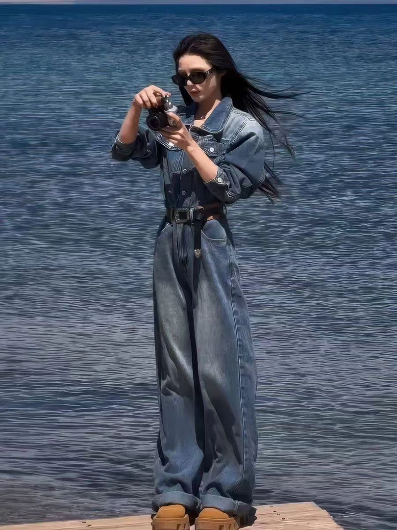 美式复古连体裤时尚Polo领长袖宽松显瘦百搭牛仔连体裤女AM25386