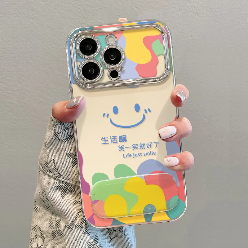 彩色笑脸镜子支架适用苹果15华为vivo/oppo小米电镀大视窗手机壳