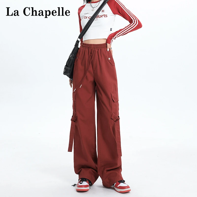 拉夏贝尔美式高街红色工装裤女秋季运动裤小个子宽松百搭休闲裤