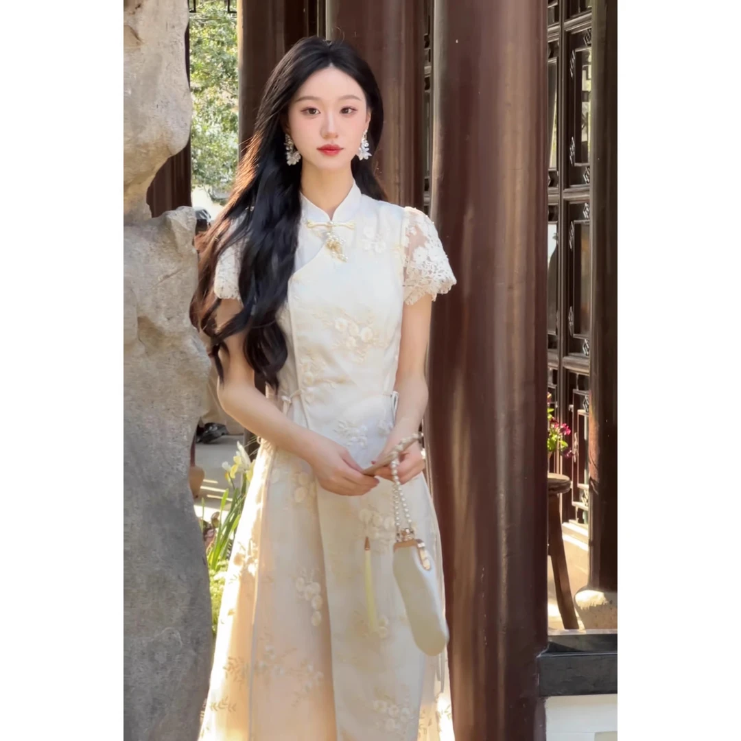 【清清】新中式连衣裙女夏气质短袖蕾丝改良式旗袍长裙
