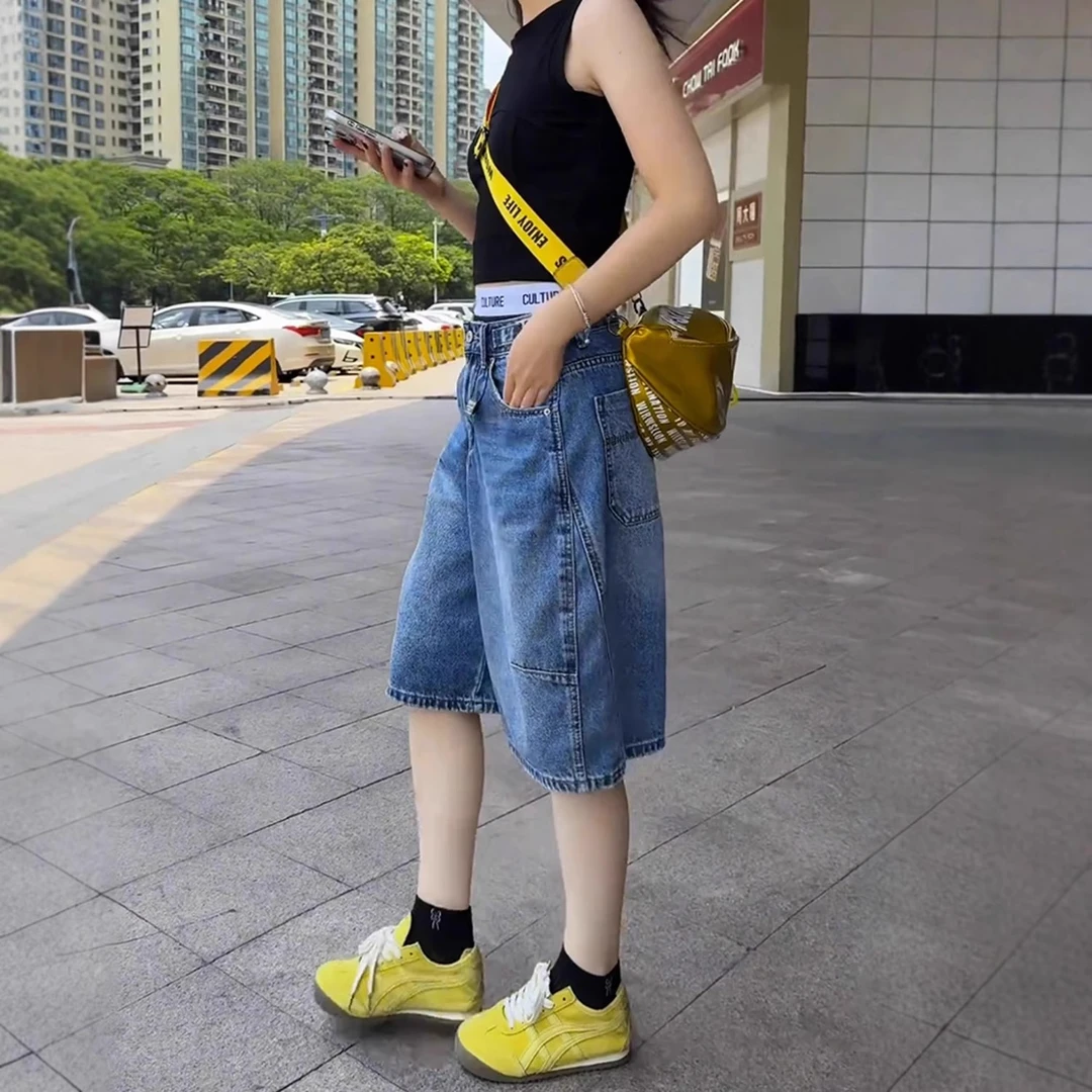 韩版无弹宽松五分直筒牛仔裤女2025夏季新款高腰显瘦百搭阔腿裤子