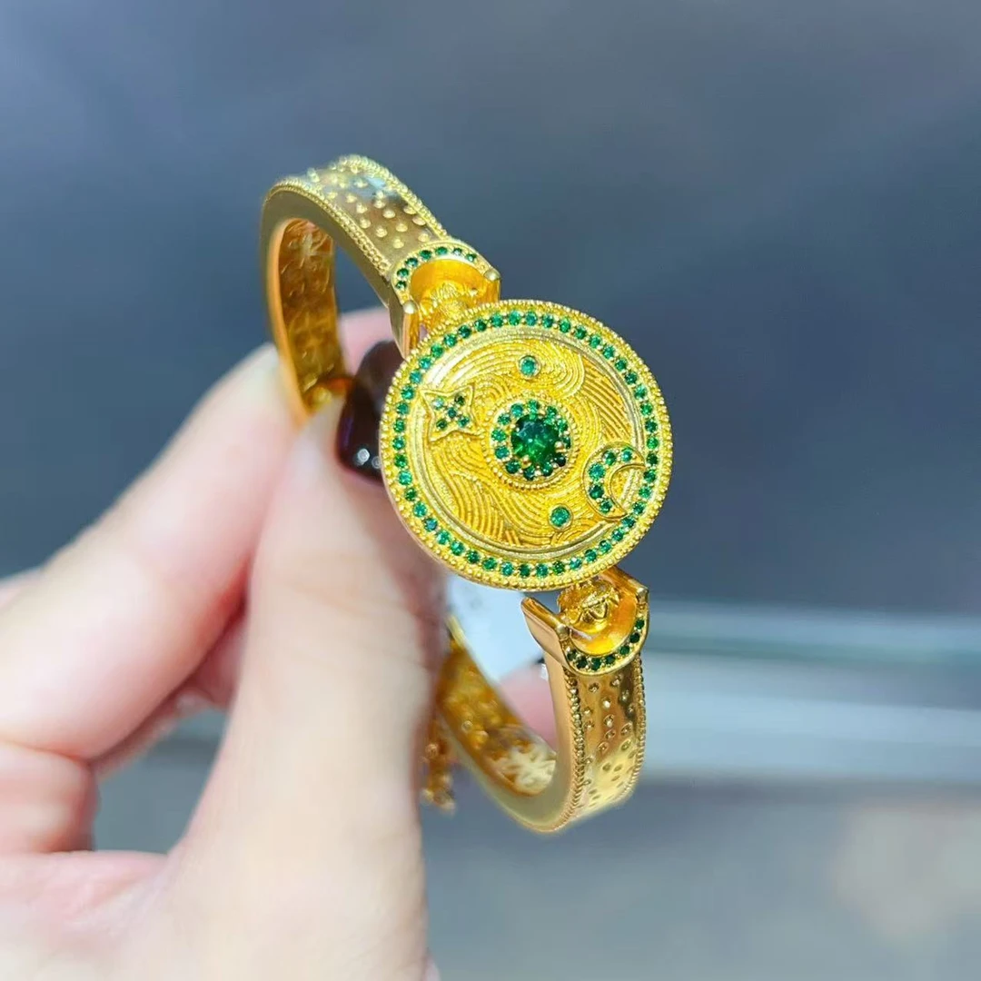 【新美源】足金999 镶嵌工艺 绿光星轮镯链42.05克