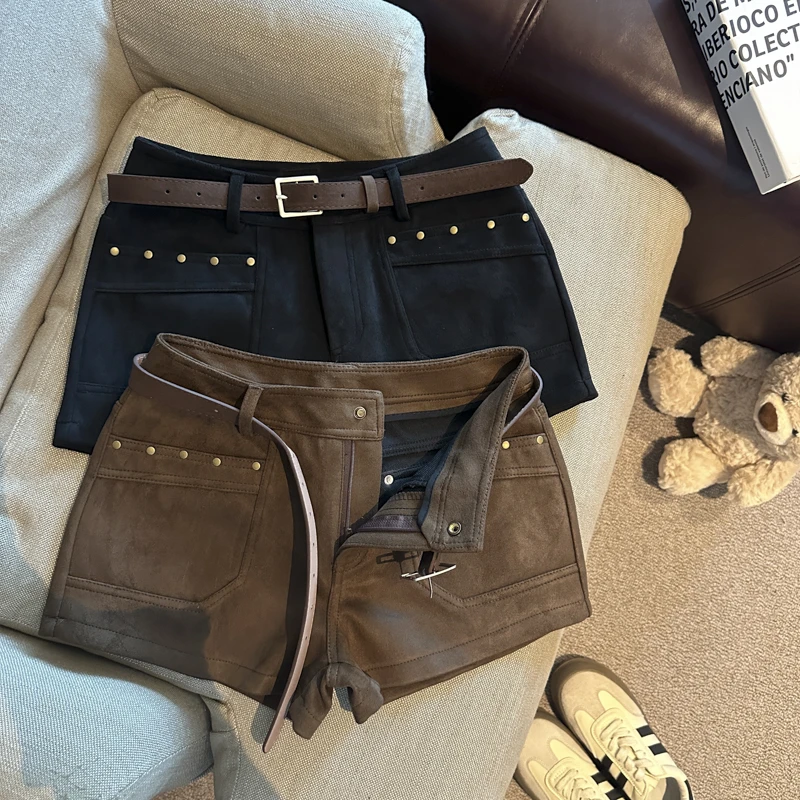 复古鹿皮绒阔腿短裤女秋季小个子高腰辣妹显瘦a字直筒休闲工装裤