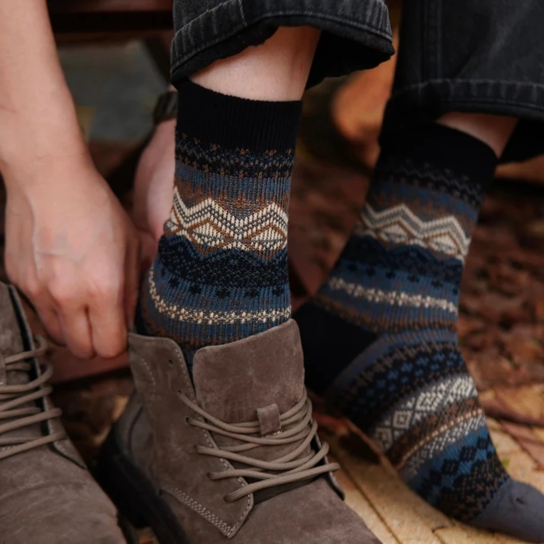 男士袜子复古咔叽风大菱格中筒袜精梳棉无骨对目高端工装男长袜