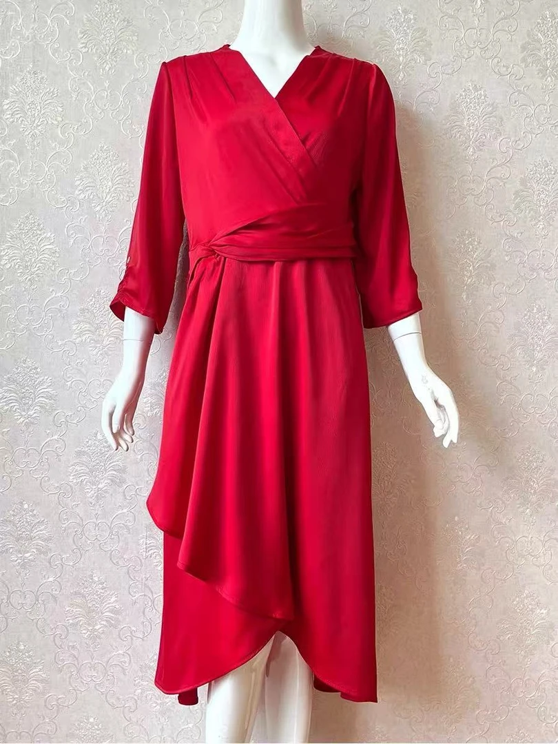 X663显瘦中腰连衣裙春夏斜肩夏季中长裙收腰V领连衣裙D13