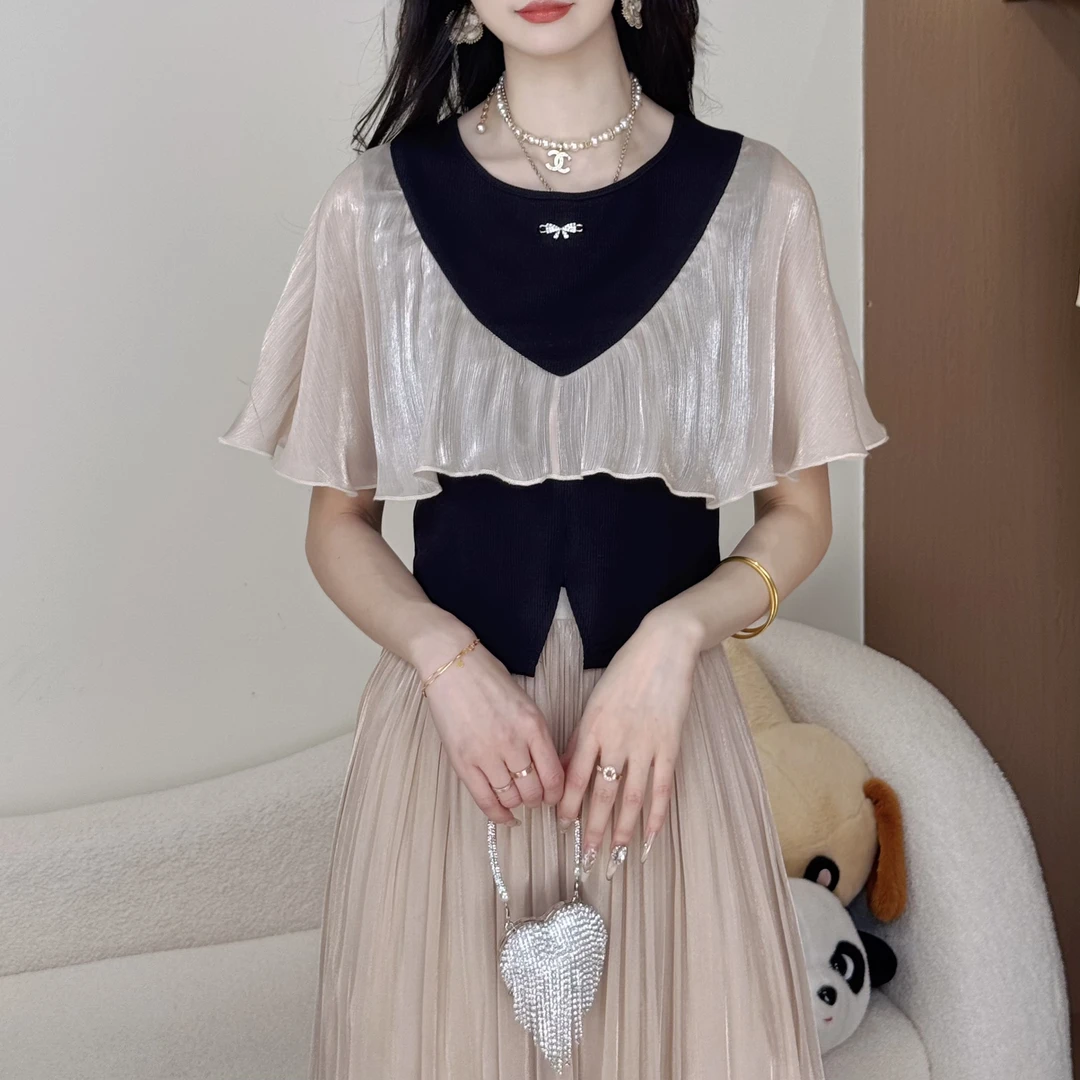 蔡小姐拼接亲肤女T恤轻奢设计感小众上衣2025年夏季新款显瘦气质