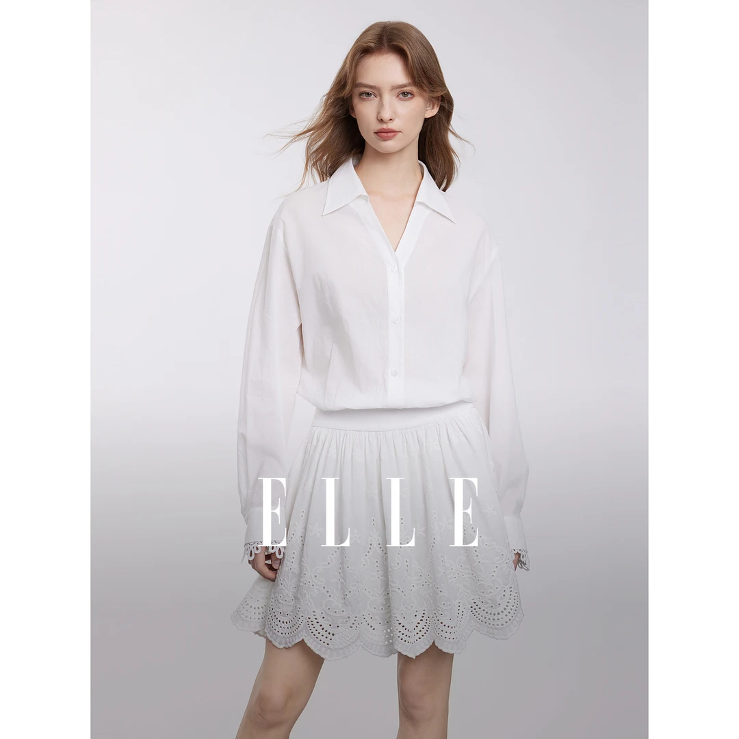 ELLE蕾丝绣花收腰白色连衣裙2025春新款短裙外出洋气裙子EL50818