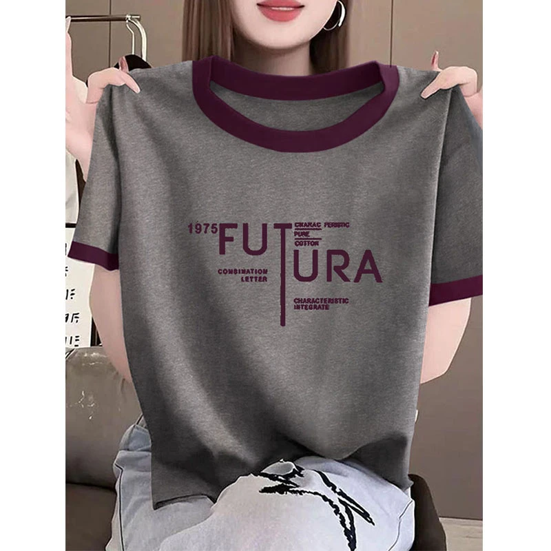 2025夏季新款撞色正肩圆领短袖t恤女装高级洋气设计感小众上衣潮