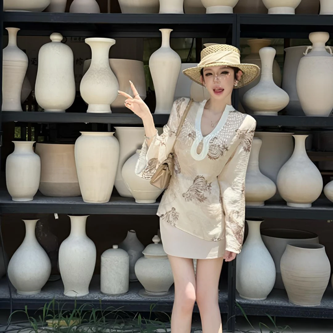 粉红PINK丨“百穿不腻”老钱风天丝亚麻撞色拼接上衣LWJ25B2T1966