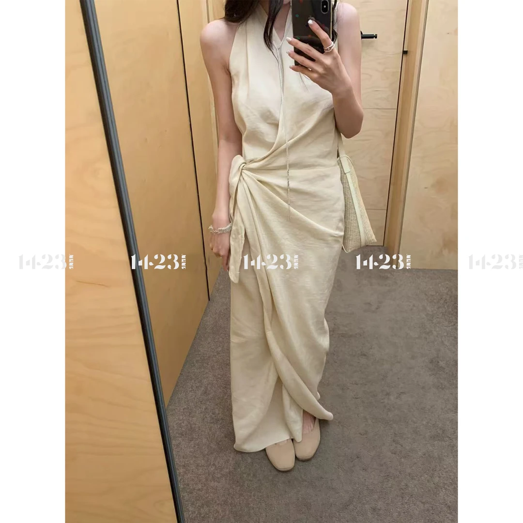 1423【素雅织韵】御姐风收腰显瘦气质V领挂脖无袖高级感连衣裙