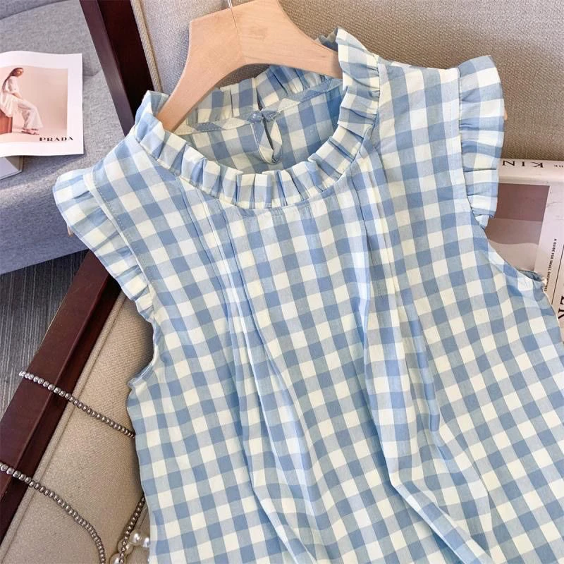 韩系穿搭木耳边格子小个子衬衫夏季新款蓝色多巴胺甜辣无袖上衣女
