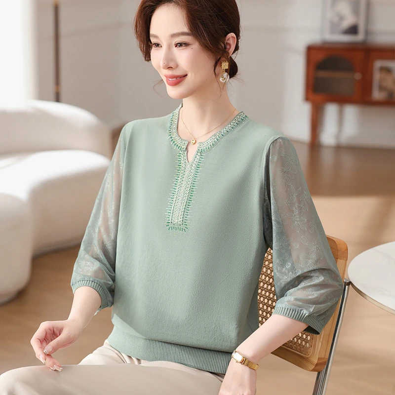 新款妈妈春装薄款七分纱袖针织小衫中老年女春夏季洋气T恤上衣服