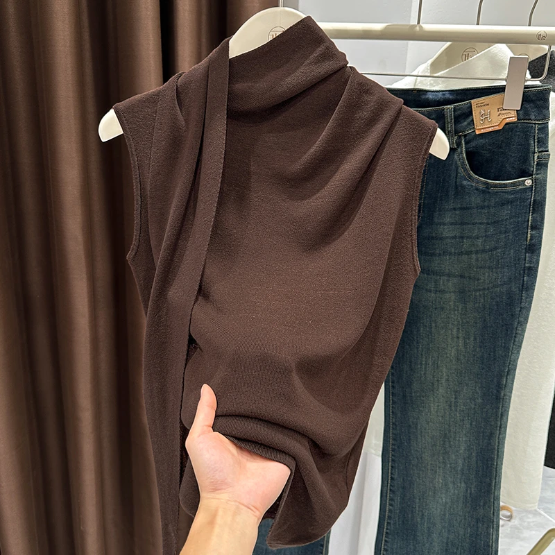 设计感无袖飘带上衣女独特修身针织打底衫内搭莱赛尔漂亮小衫背心