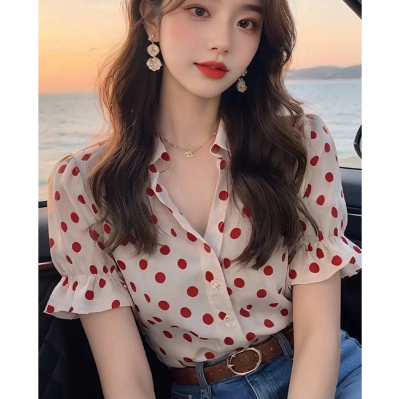 流行漂亮法式波点白色女装衬衫女款夏季收腰衬衫新款短袖波点上衣