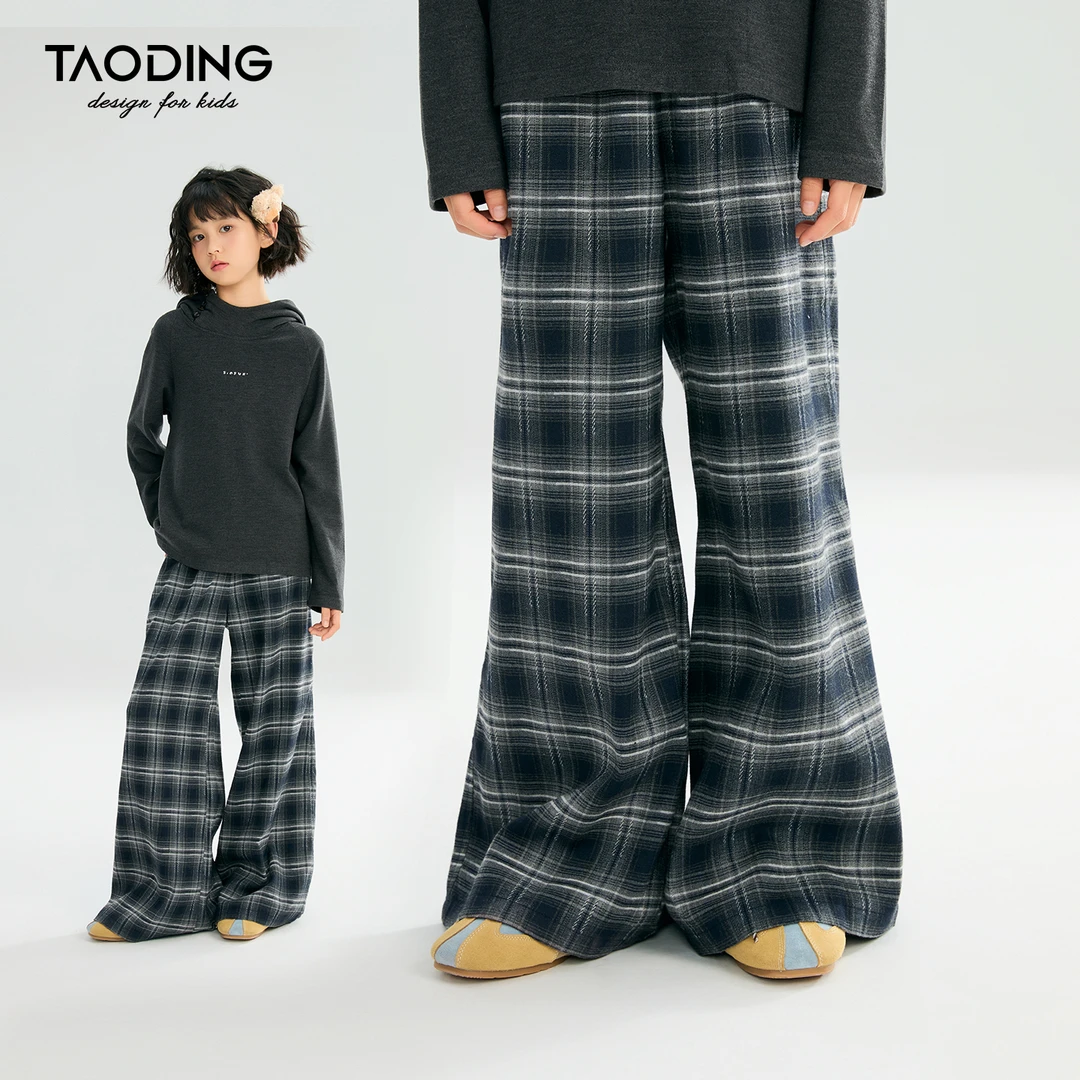 淘町女童休闲格子裤秋冬款儿童洋气女孩款宽松慵懒风百搭阔腿长裤